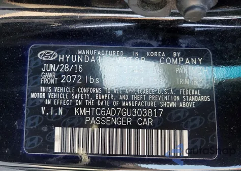 2016 Hyundai Veloster z USA, uszkodzony, nr VIN KMHTC6AD7GU303817